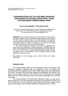 Considerations on the Acid Mine Drainage Discharges in Natural Receptors, from the Baia-Mare Former Mining Area