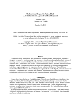 The Emotional Dog and Its Rational Tail: a Social Intuitionist Approach to Moral Judgment