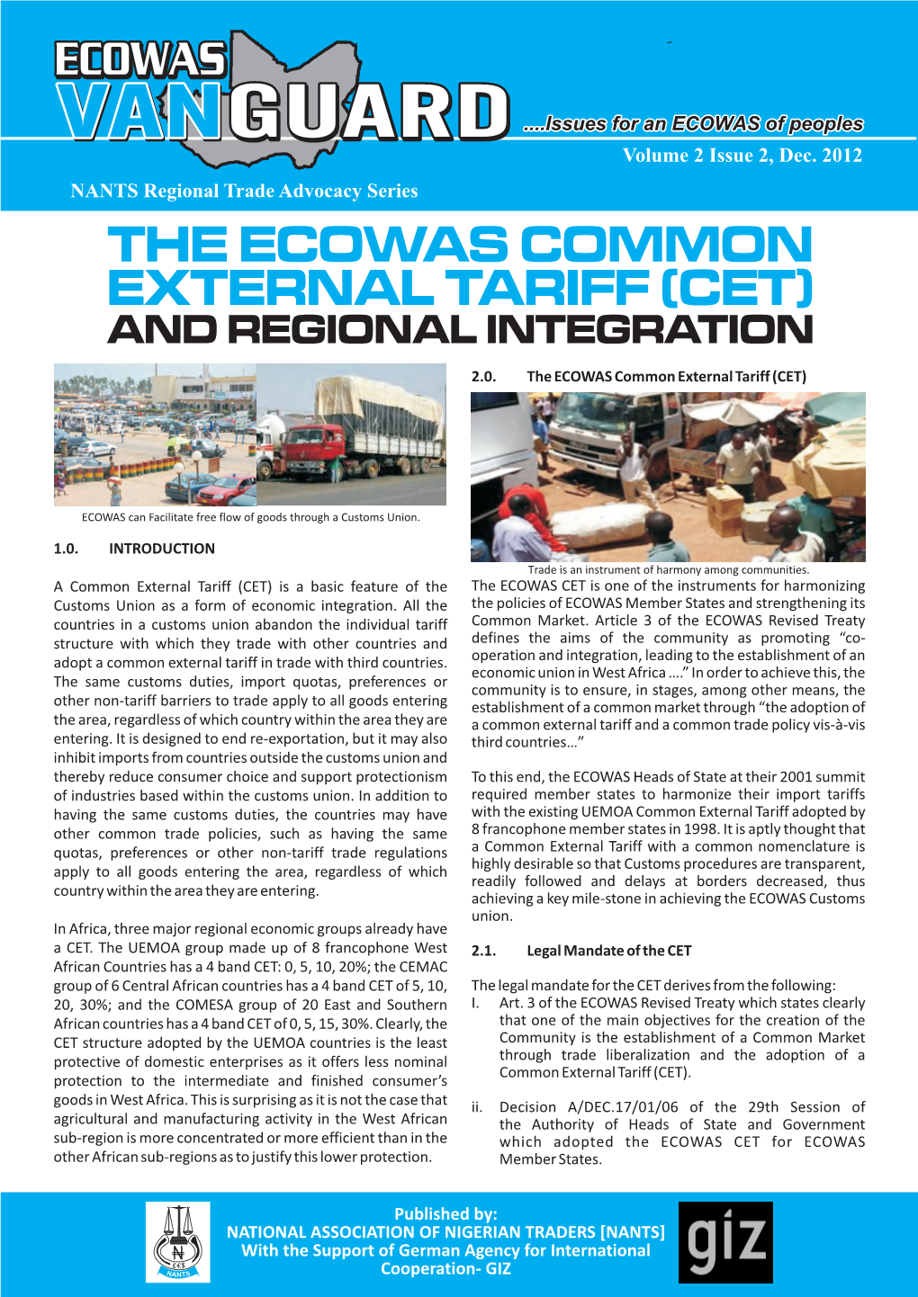 The Ecowas Common External Tariff (Cet) and Regional Integration