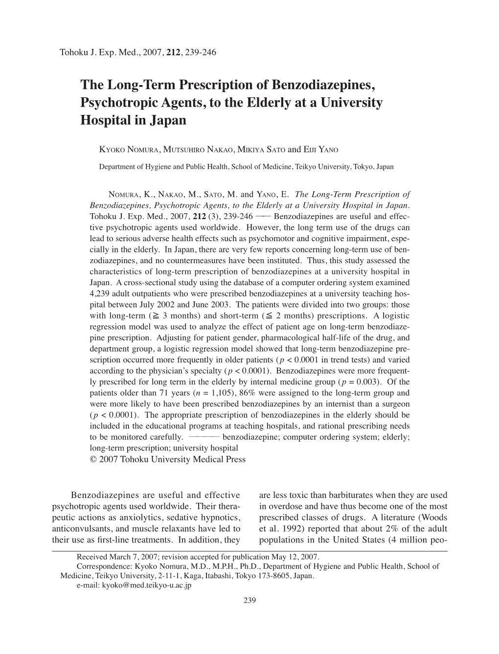 The Long-Term Prescription of Benzodiazepines, Psychotropic Agents, to the Elderly at a University Hospital in Japan