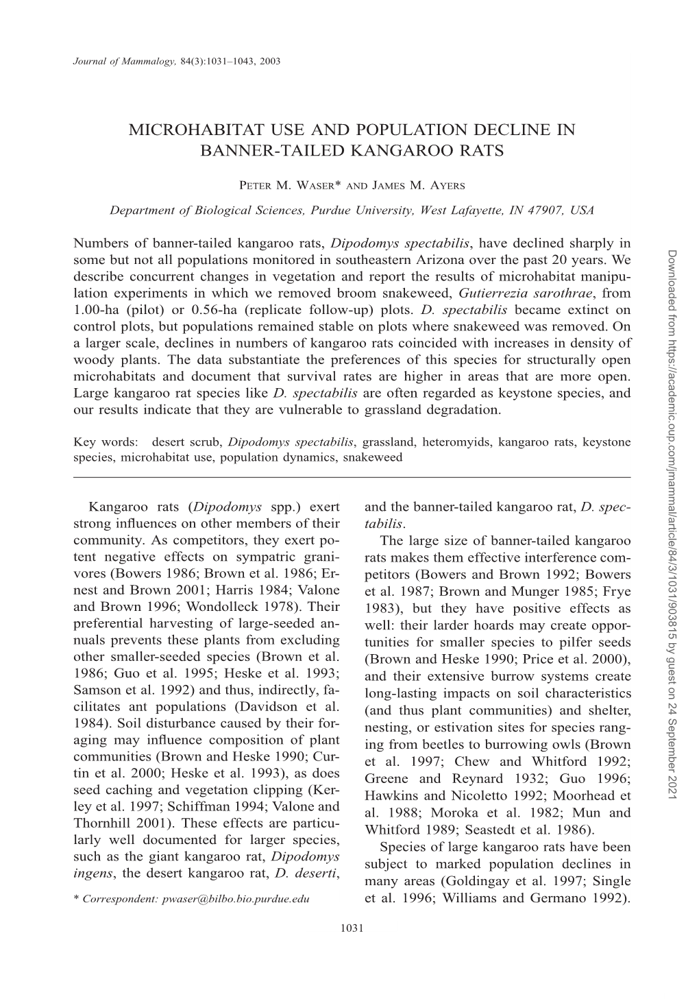 Microhabitat Use and Population Decline in Banner-Tailed Kangaroo Rats