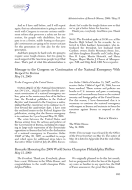 Message to the Congress on Continuation of the National Emergency with Respect to Burma May 14, 2009