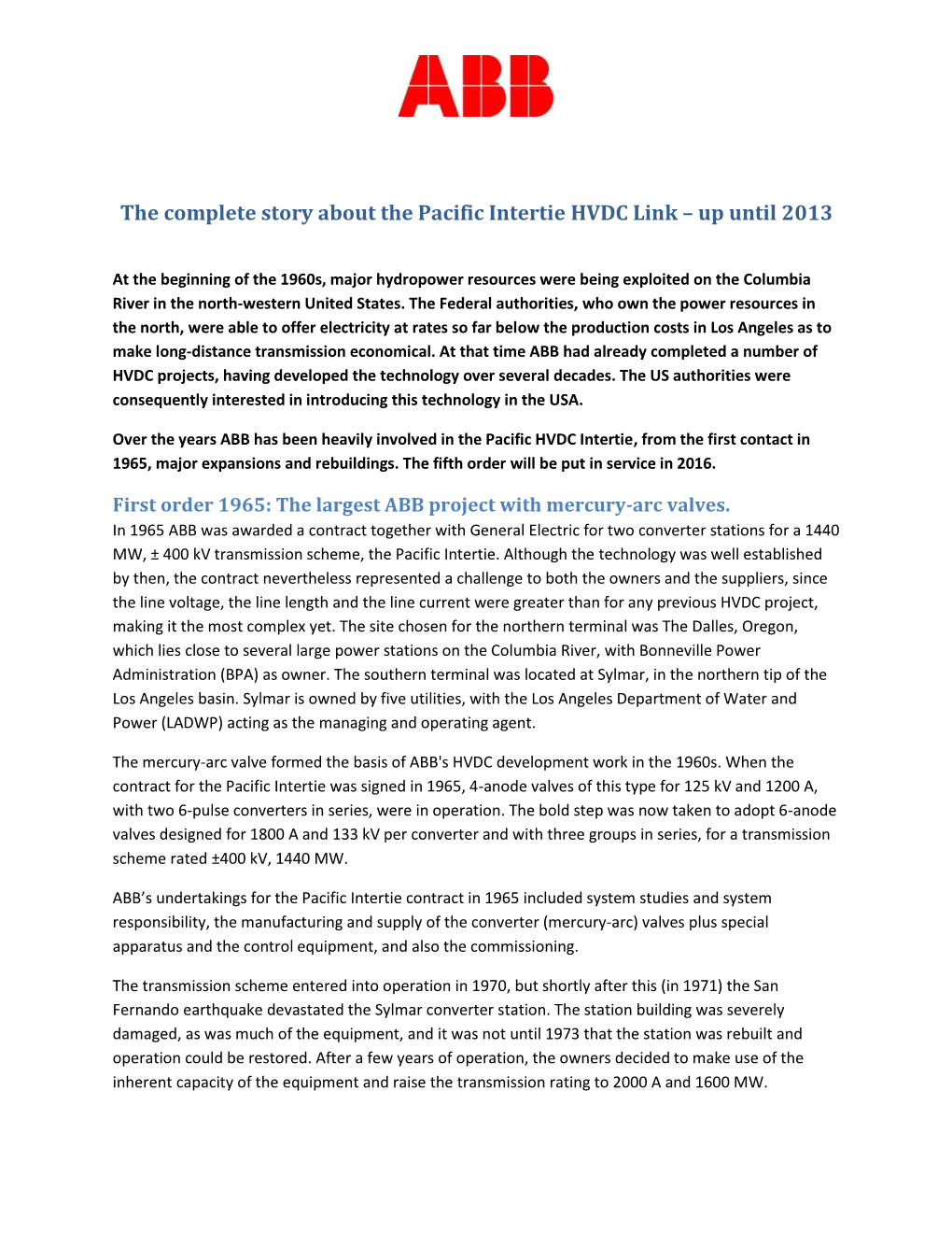 The Complete Story About the Pacific Intertie HVDC Link – up Until 2013