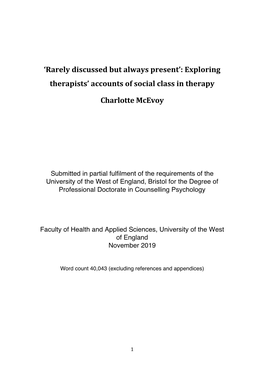 'Rarely Discussed but Always Present': Exploring Therapists' Accounts of Social Class in Therapy Charlotte Mcevoy