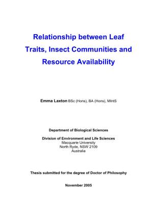 Relationship Between Leaf Traits, Insect Communities and Resource Availability