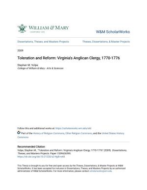 Toleration and Reform: Virginia's Anglican Clergy, 1770-1776