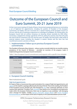Outcome of the European Council and Euro Summit, 20-21 June 2019