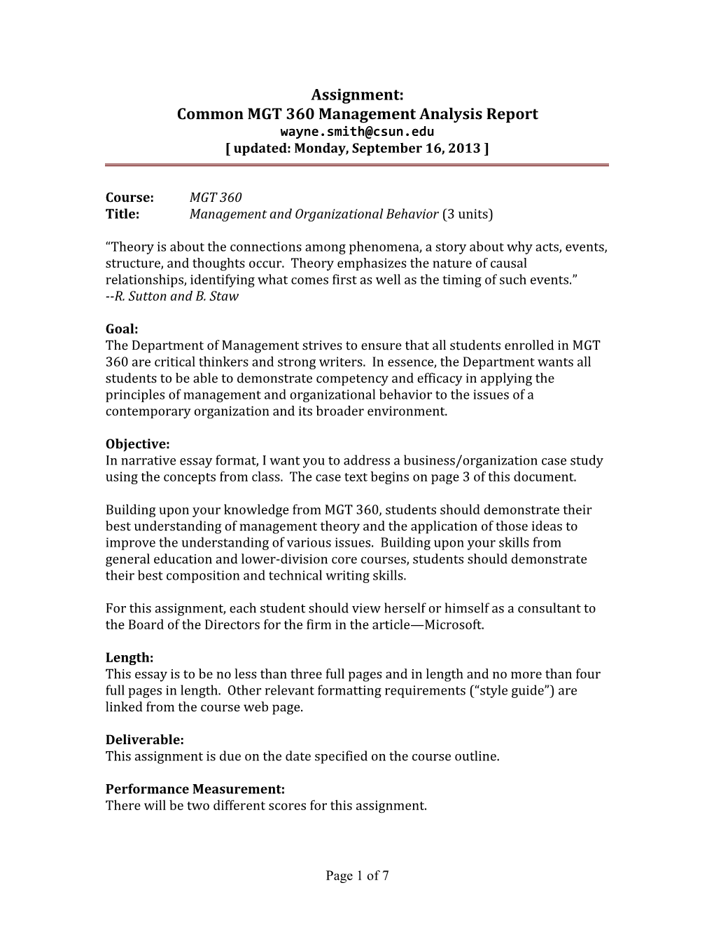 Assignment: Common MGT 360 Management Analysis Report Wayne.Smith@Csun.Edu [ Updated: Monday, September 16, 2013 ]