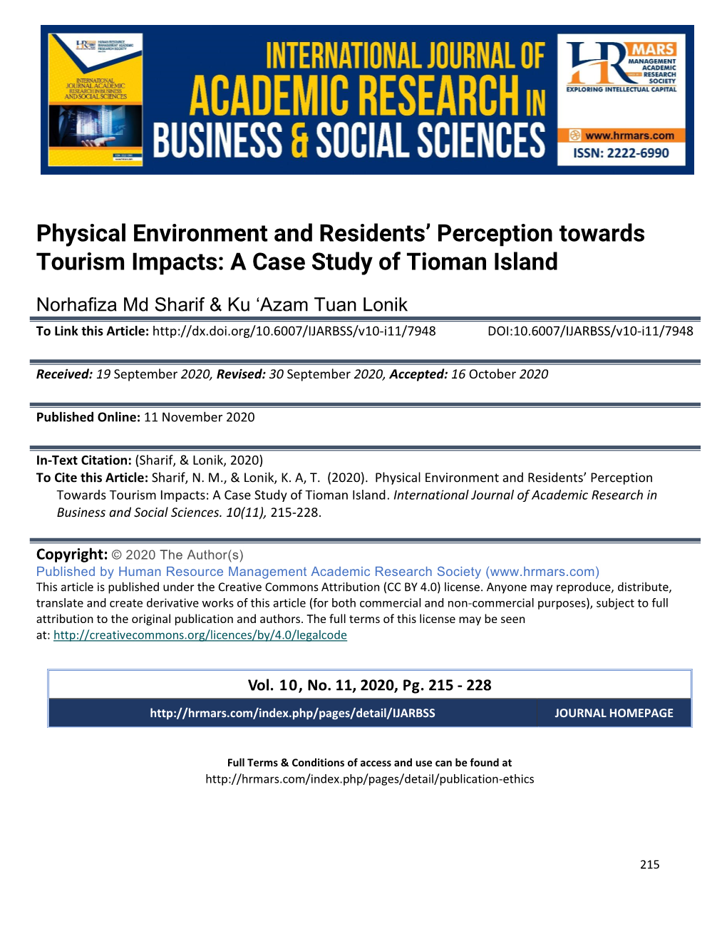 Physical Environment and Residents' Perception Towards Tourism Impacts