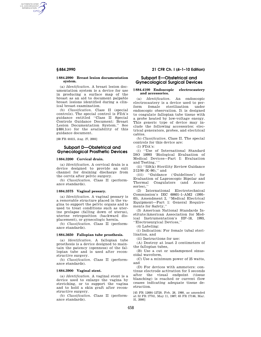 Subpart E—Obstetrical and Gynecological Surgical Devices