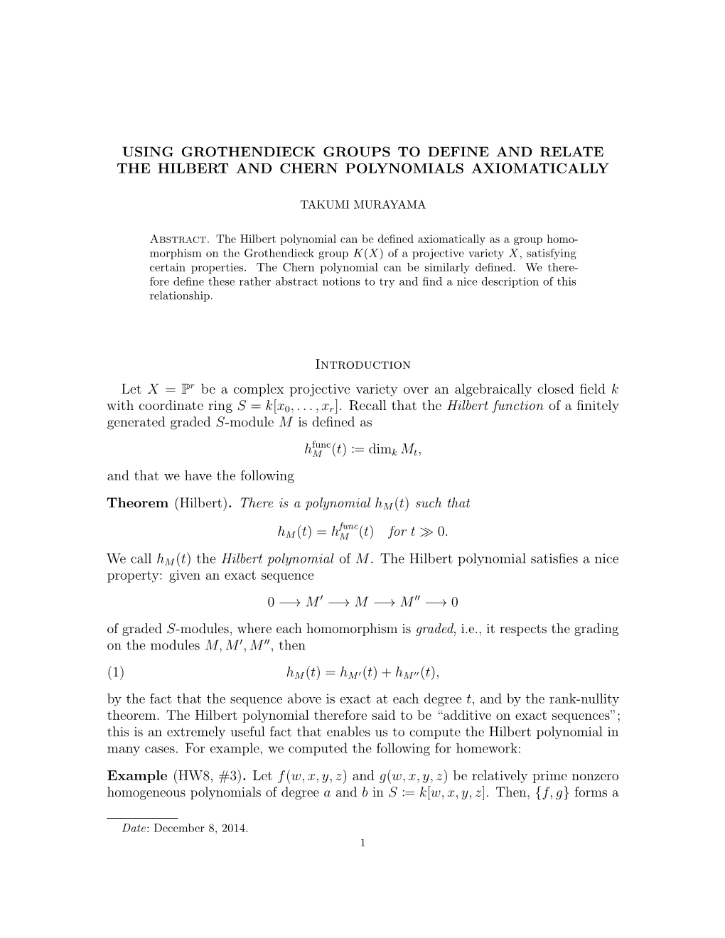 Using Grothendieck Groups to Define and Relate the Hilbert and Chern Polynomials Axiomatically