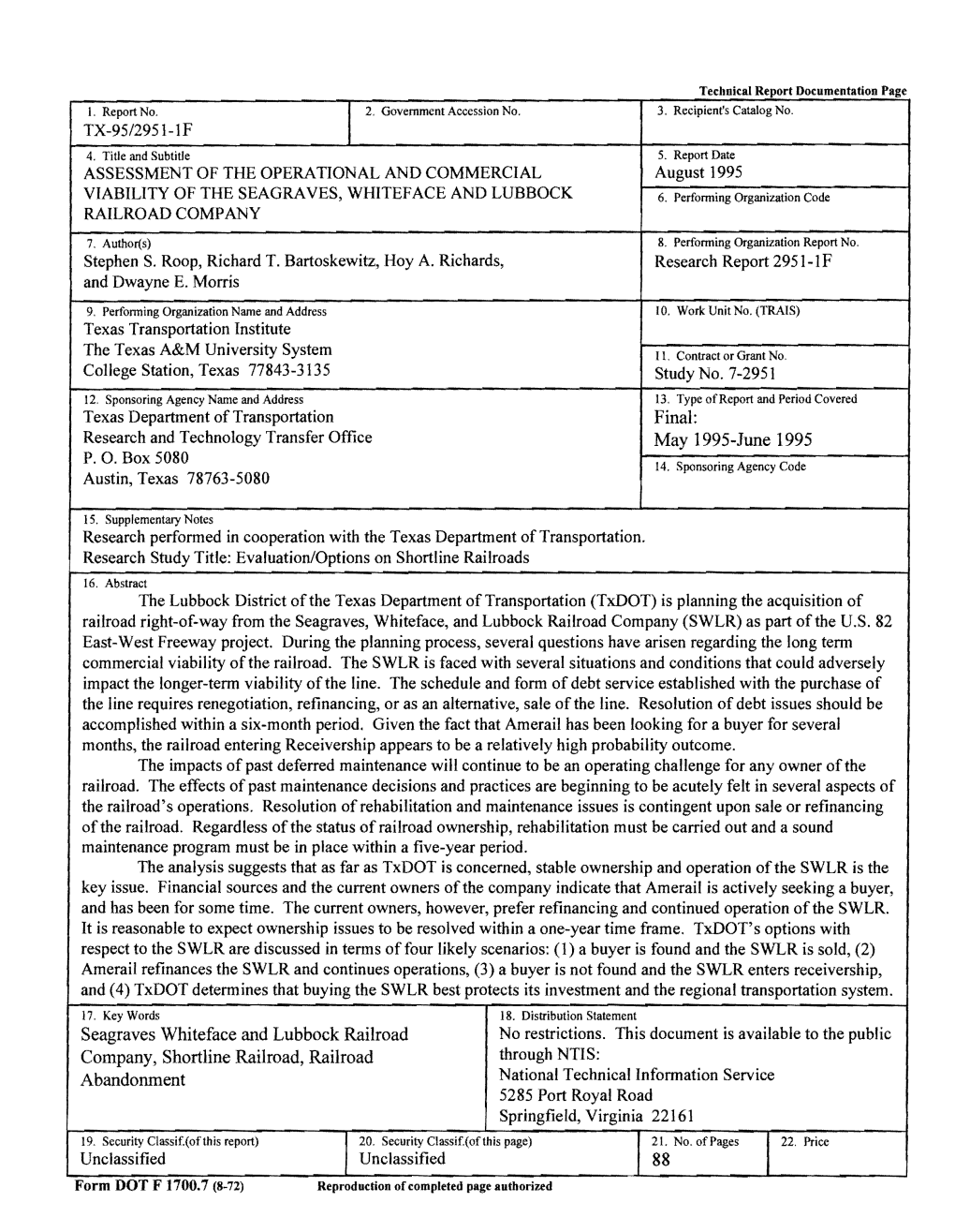 Assessment of the Operational and Commercial Viability of the Seagraves, Whiteface and Lubbock Railroad Company