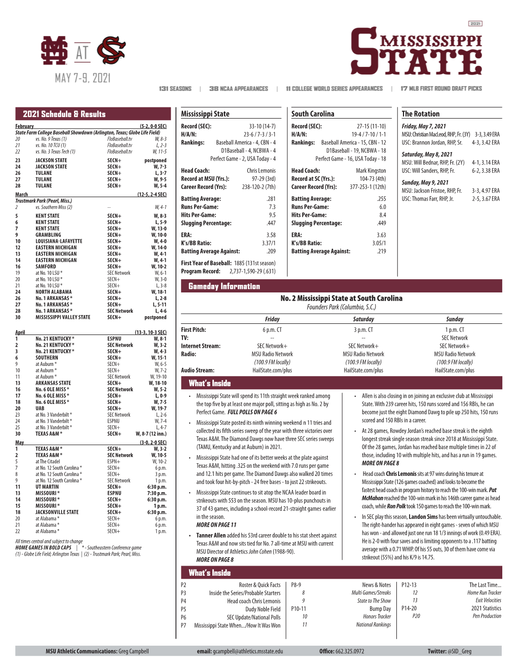 2021 Schedule & Results Mississippi State South Carolina the Rotation What's Inside Gameday Information What's Inside No