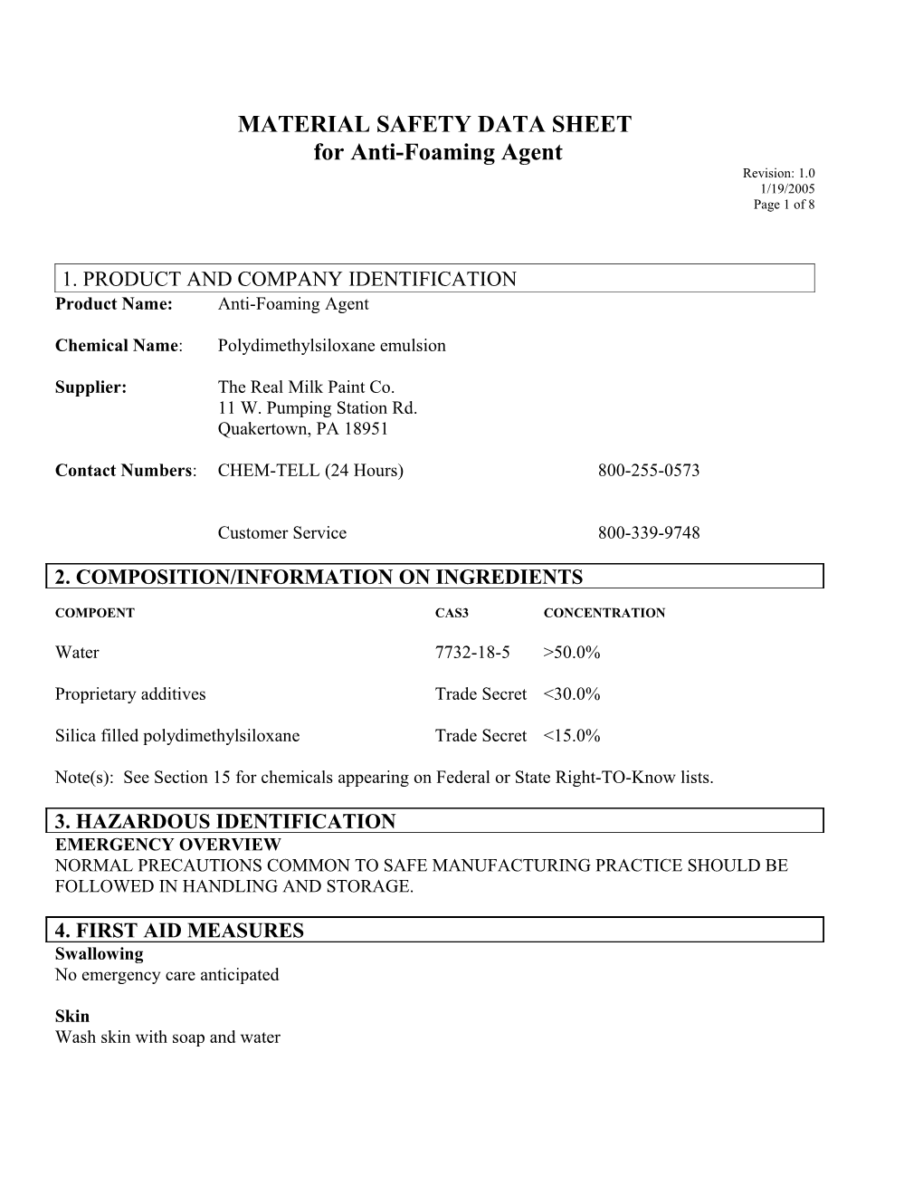 MSDS for Anti-Foaming Agent