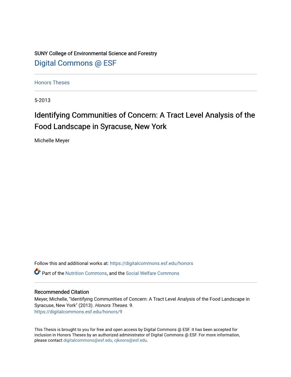 A Tract Level Analysis of the Food Landscape in Syracuse, New York