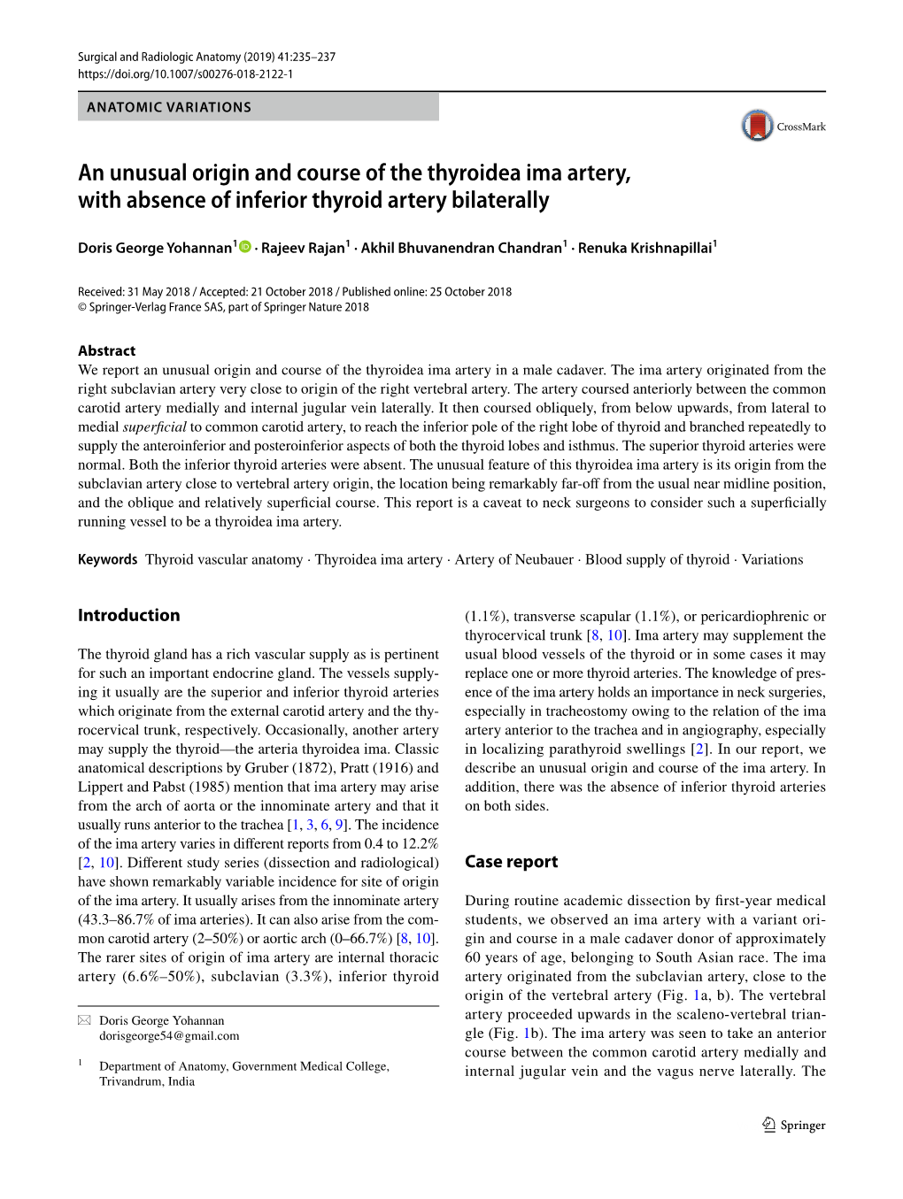 An Unusual Origin and Course of the Thyroidea Ima Artery, with Absence of Inferior Thyroid Artery Bilaterally