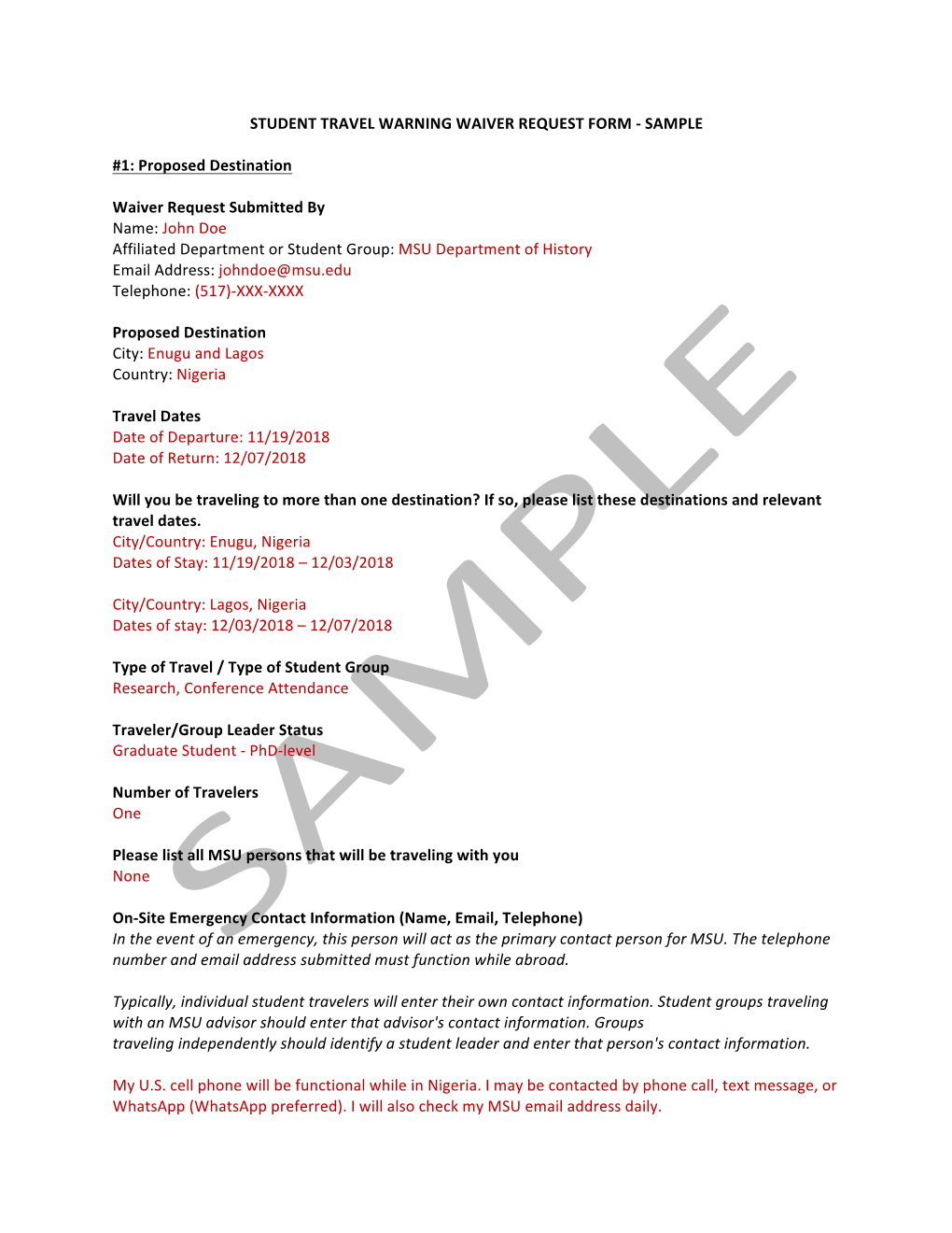 Proposed Destination Waiver Request Submitted by Name: John Doe Affi