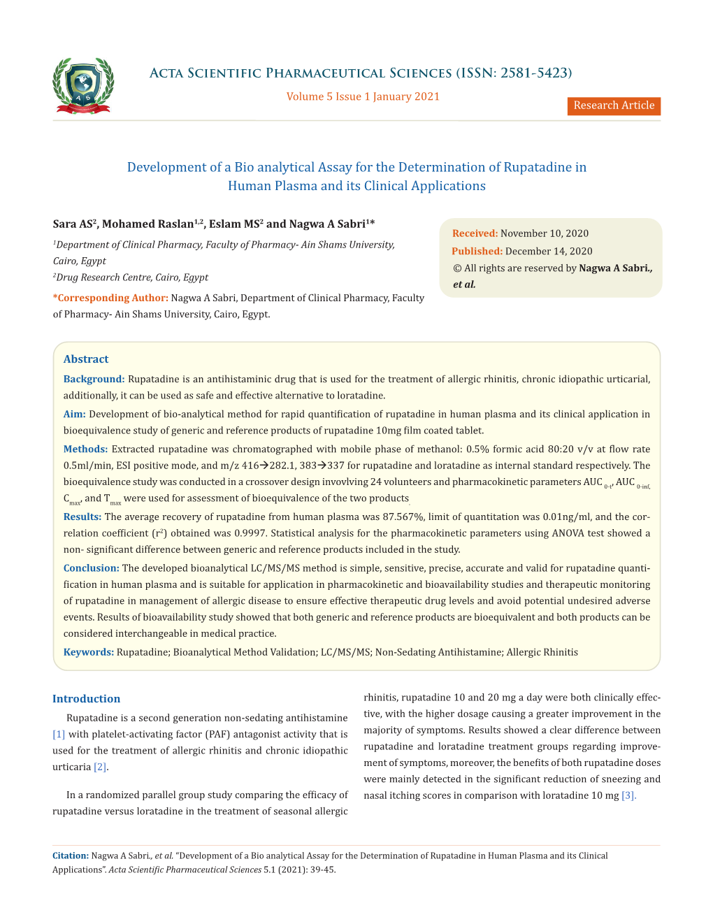 Development of a Bio Analytical Assay for the Determination of Rupatadine in Human Plasma and Its Clinical Applications