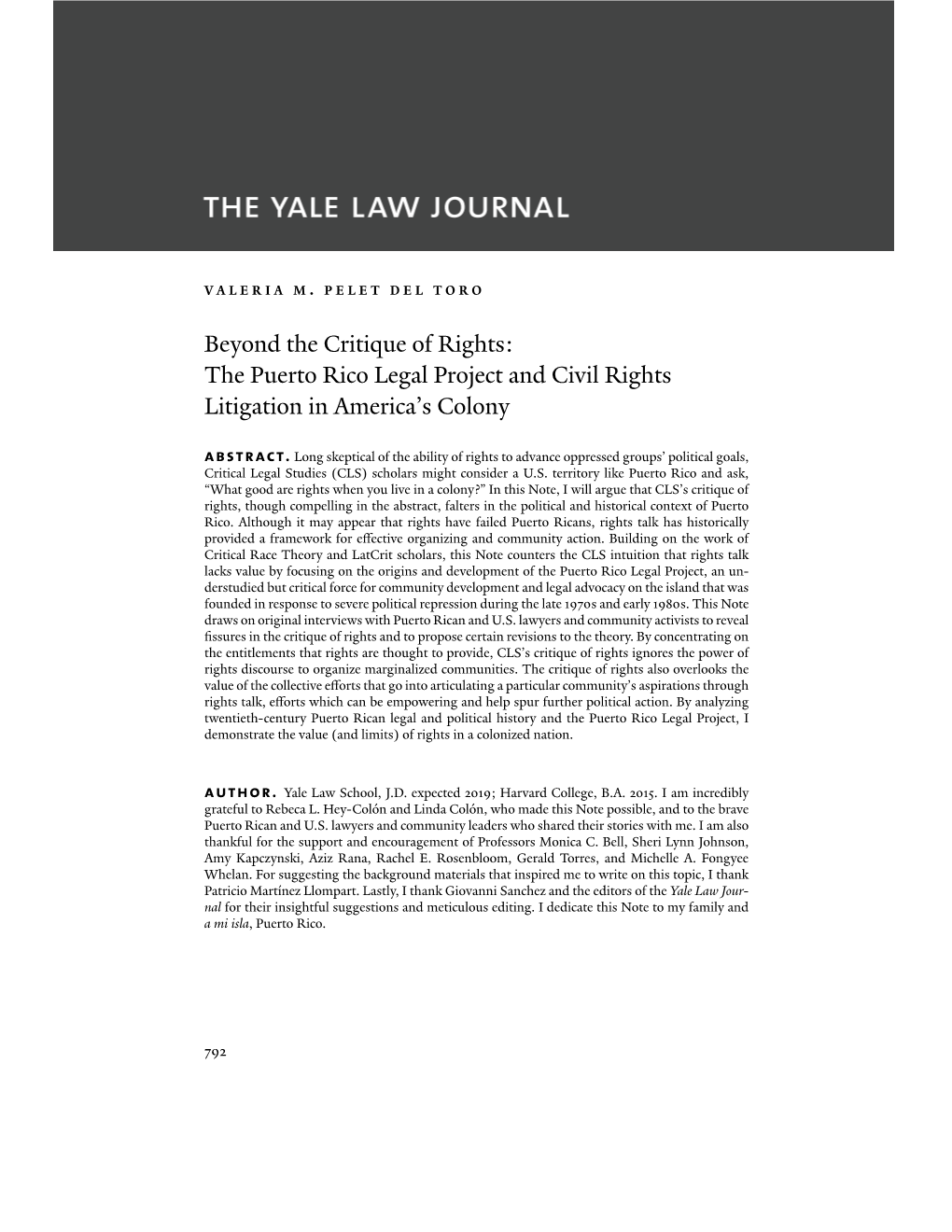 Beyond the Critique of Rights: the Puerto Rico Legal Project and Civil Rights Litigation in America’S Colony Abstract