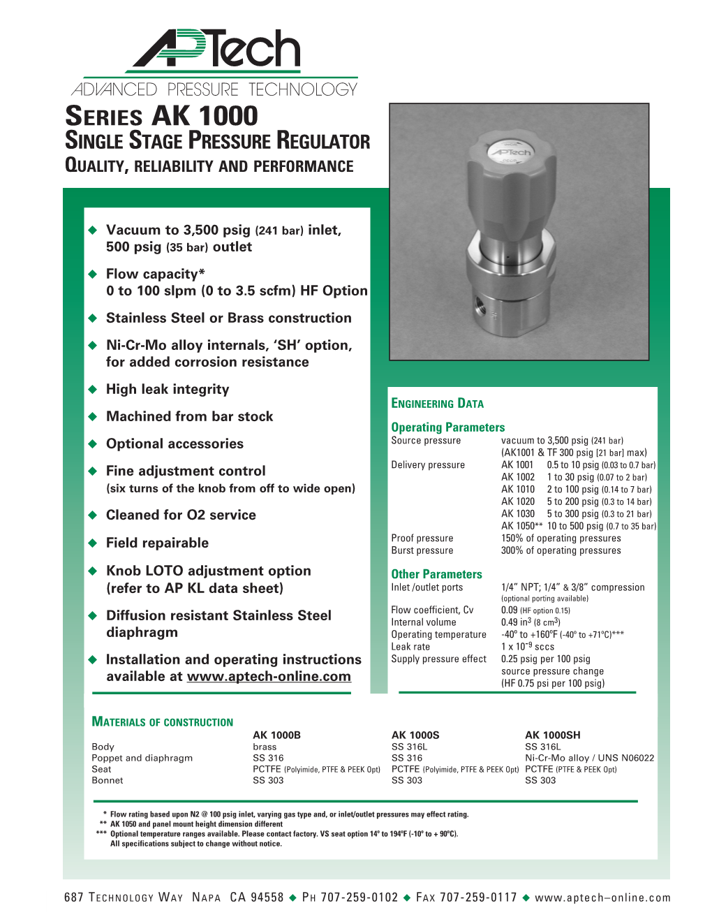 Series AK 1000 Single Stage Pressure Regulator Quality, Reliability and Performance