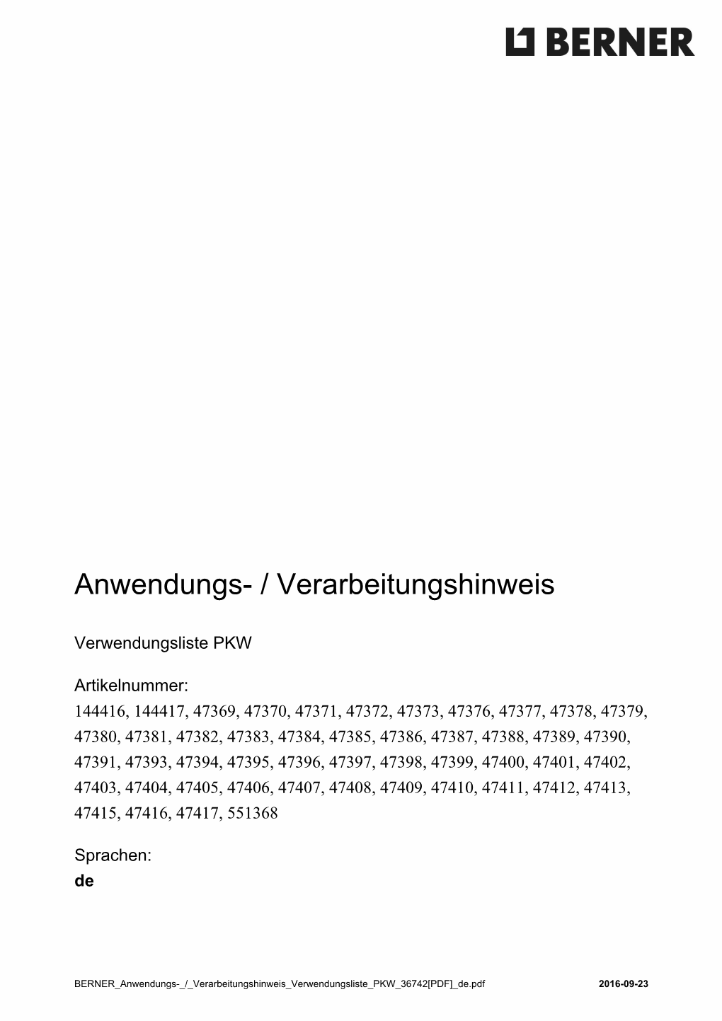 Anwendungs- / Verarbeitungshinweis