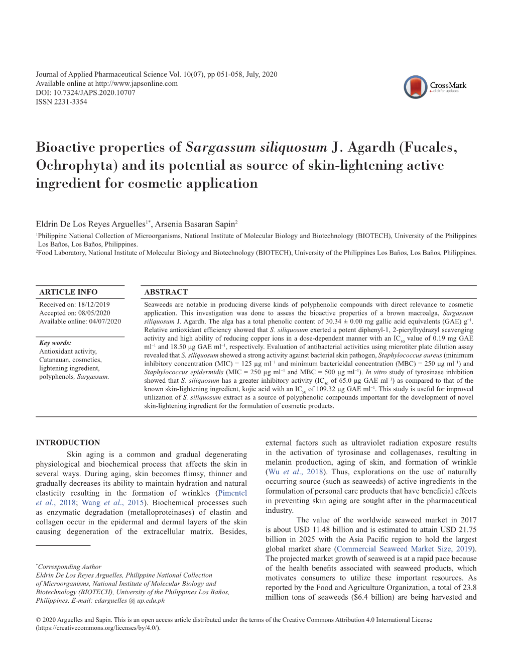 Bioactive Properties of Sargassum Siliquosum J. Agardh (Fucales, Ochrophyta) and Its Potential As Source of Skin-Lightening Active Ingredient for Cosmetic Application