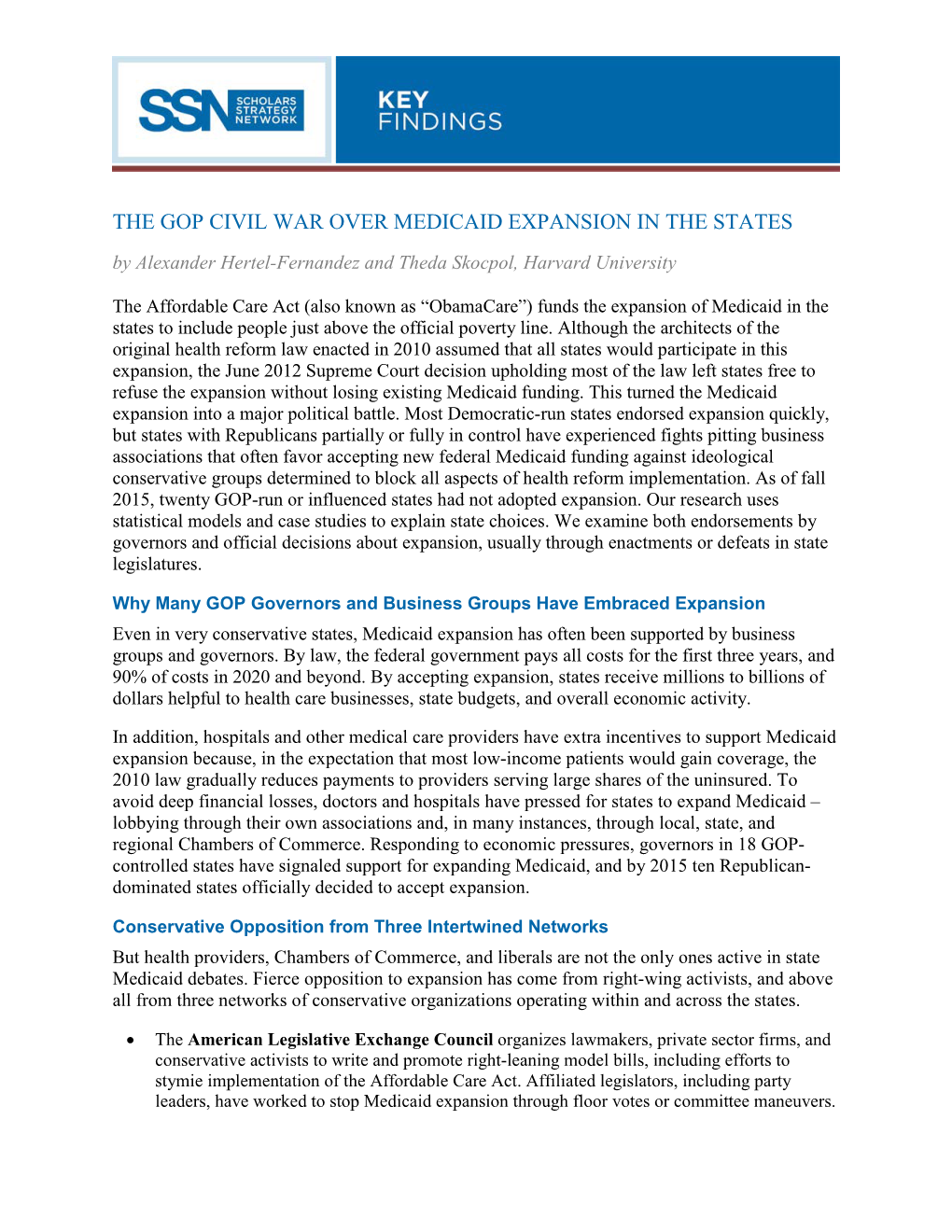 SSN Key Findings Hertel-Fernandez and Skocpol on the GOP Civil War Over Medicaid Expansion