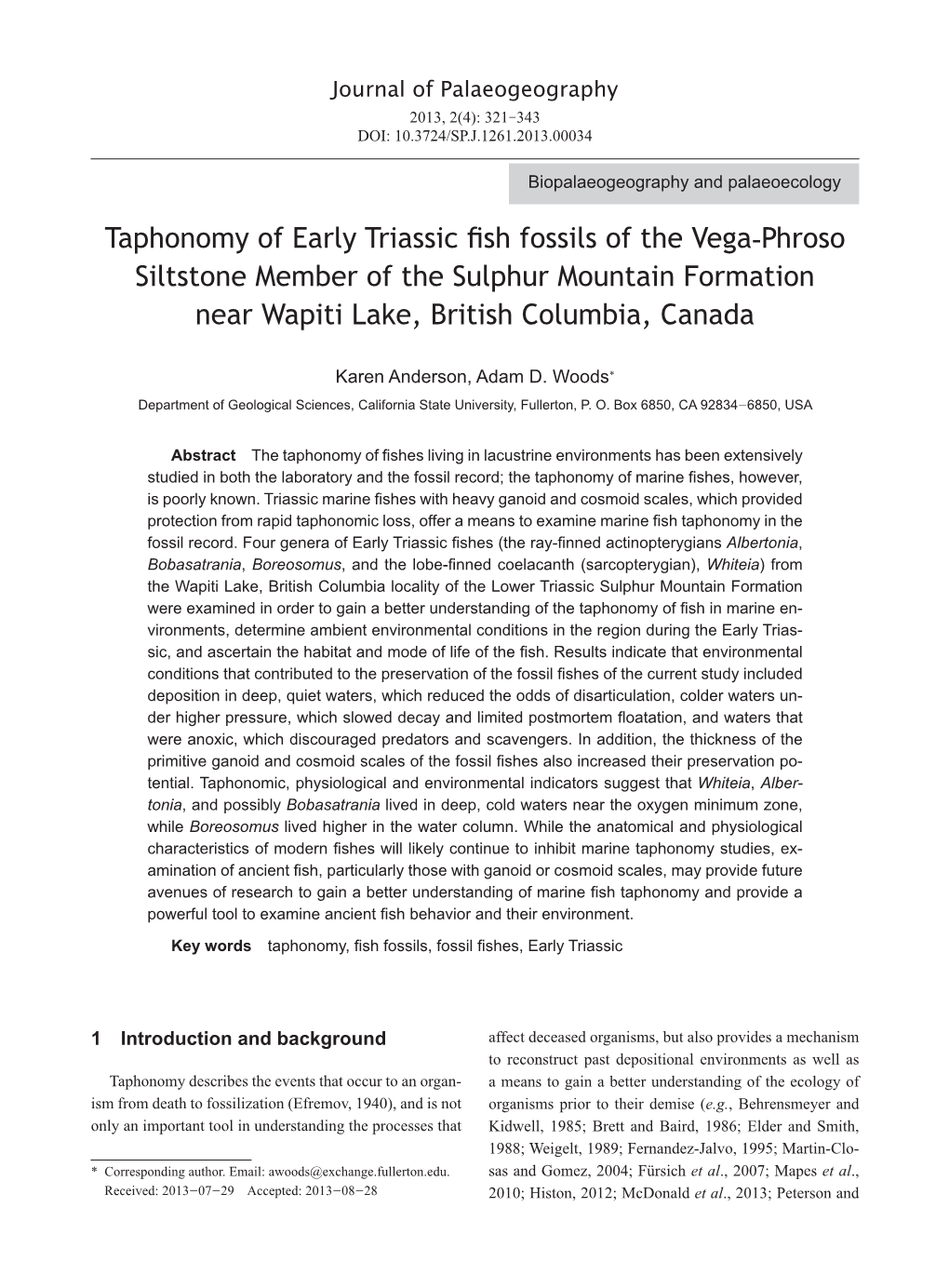 Taphonomy of Early Triassic Fish Fossils of the Vega-Phroso Siltstone Member of the Sulphur Mountain Formation Near Wapiti Lake, British Columbia, Canada