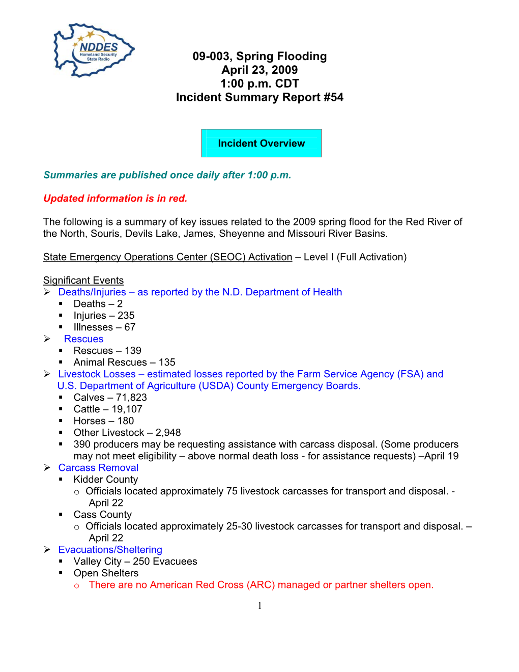 09-003, Spring Flooding April 23, 2009 1:00 P.M. CDT Incident Summary Report #54