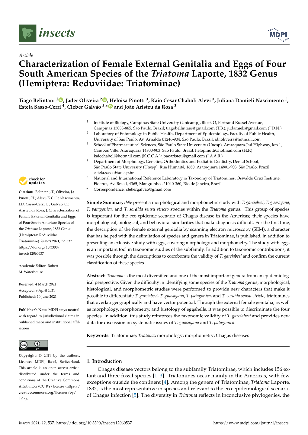 Characterization of Female External Genitalia and Eggs of Four South American Species of the Triatoma Laporte, 1832 Genus (Hemiptera: Reduviidae: Triatominae)