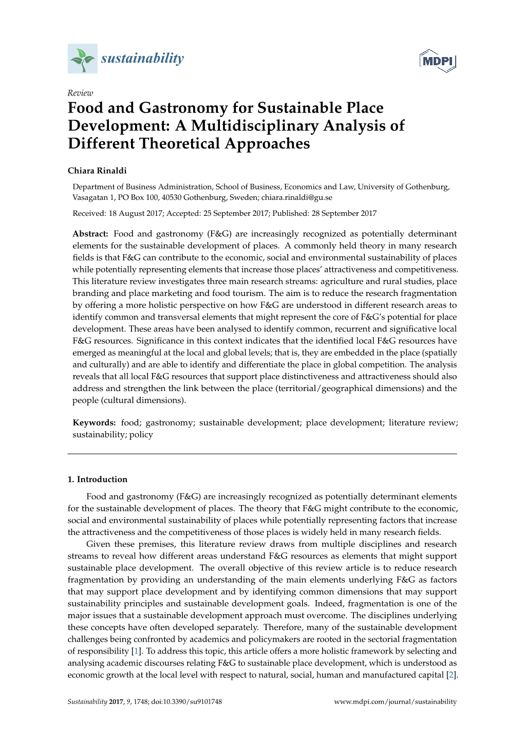 Food and Gastronomy for Sustainable Place Development: a Multidisciplinary Analysis of Different Theoretical Approaches