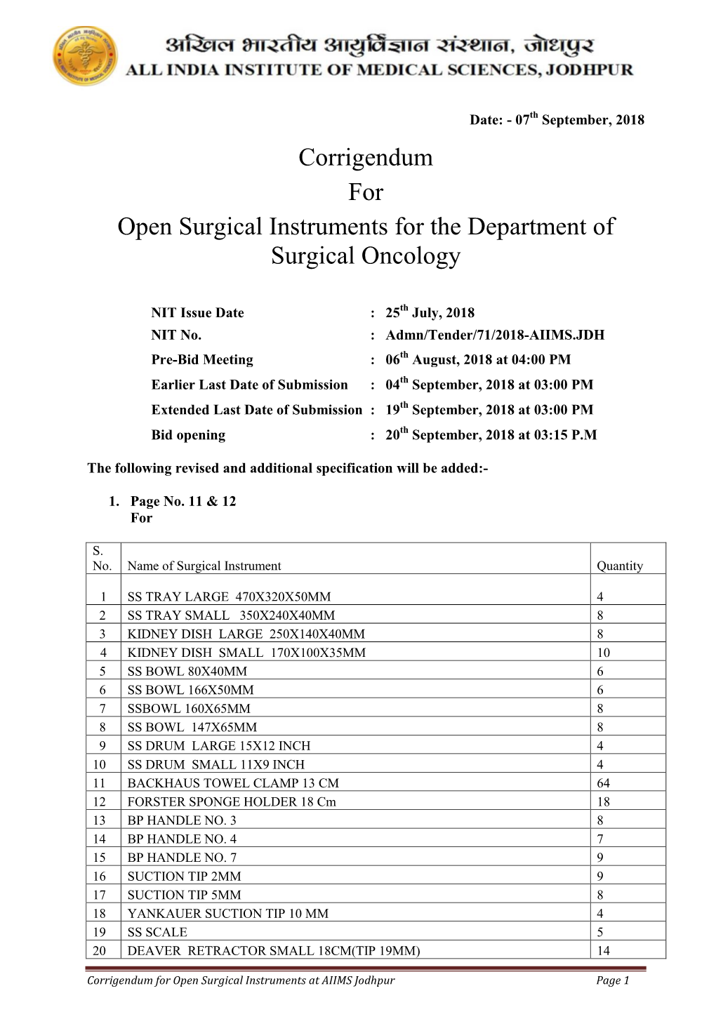 Corrigendum for Open Surgical Instruments for the Department Of
