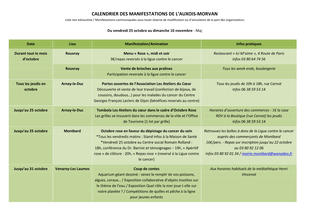 Calendrier Des Manifestations De L'auxois-Morvan