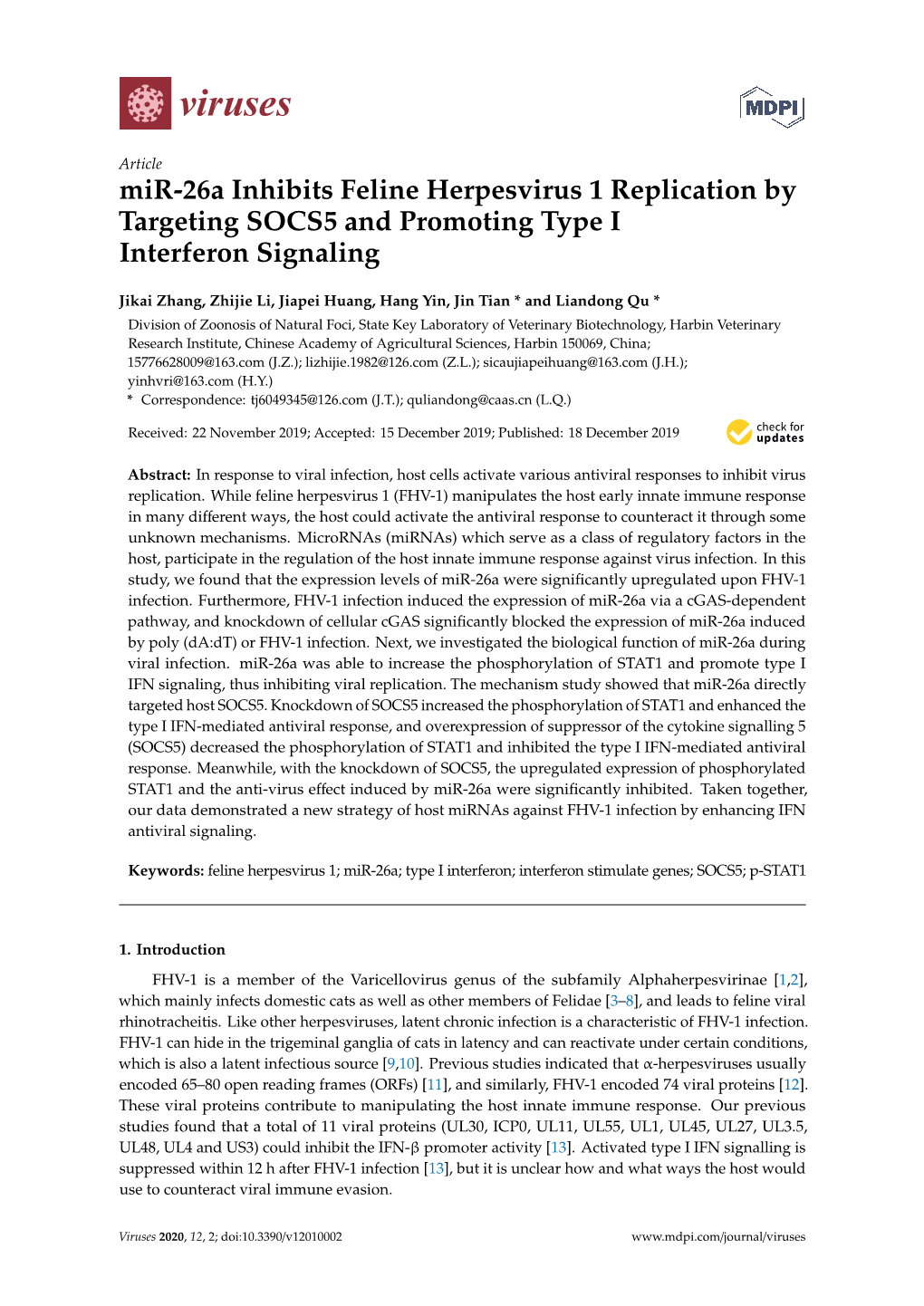 Mir-26A Inhibits Feline Herpesvirus 1 Replication by Targeting SOCS5 and Promoting Type I Interferon Signaling