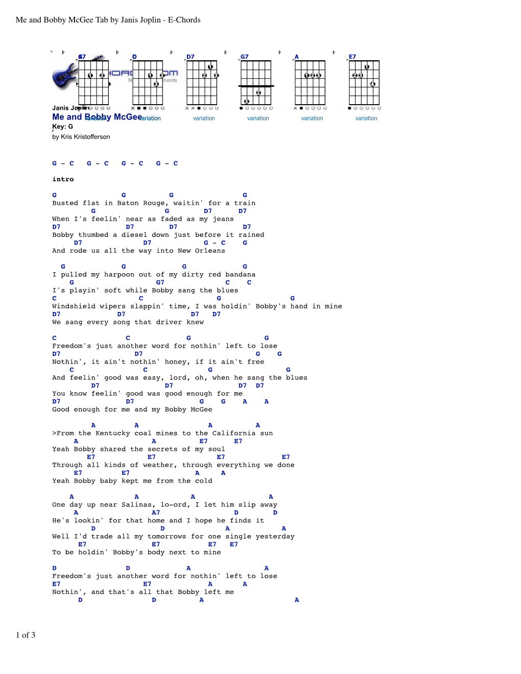 Me and Bobby Mcgee Tab by Janis Joplin - E-Chords