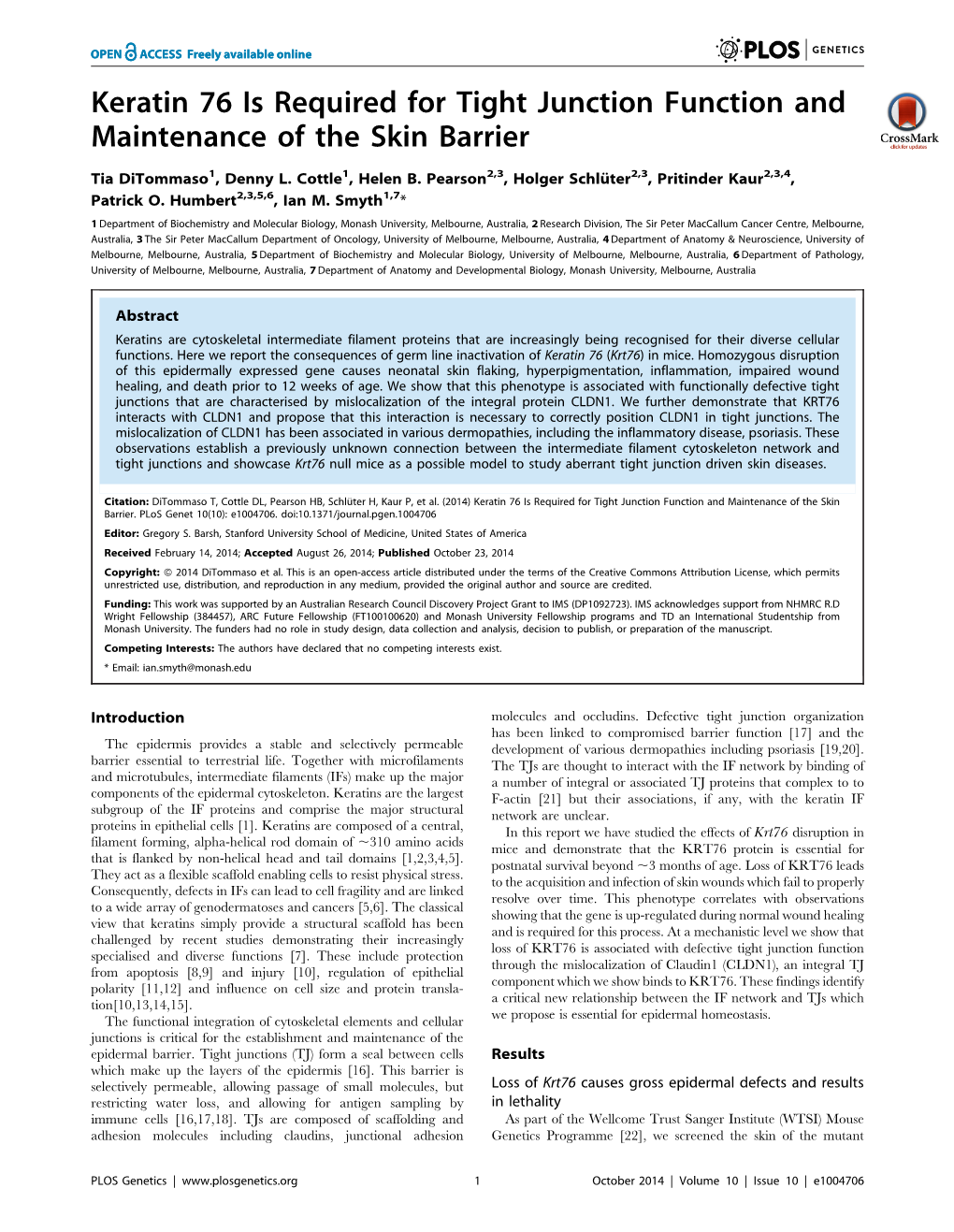 Keratin 76 Is Required for Tight Junction Function and Maintenance of the Skin Barrier