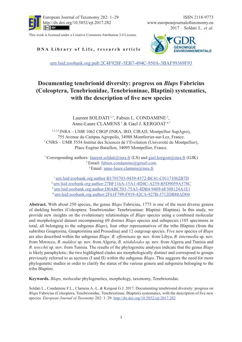 Coleoptera, Tenebrionidae, Tenebrioninae, Blaptini) Systematics, with the Description of ﬁ Ve New Species