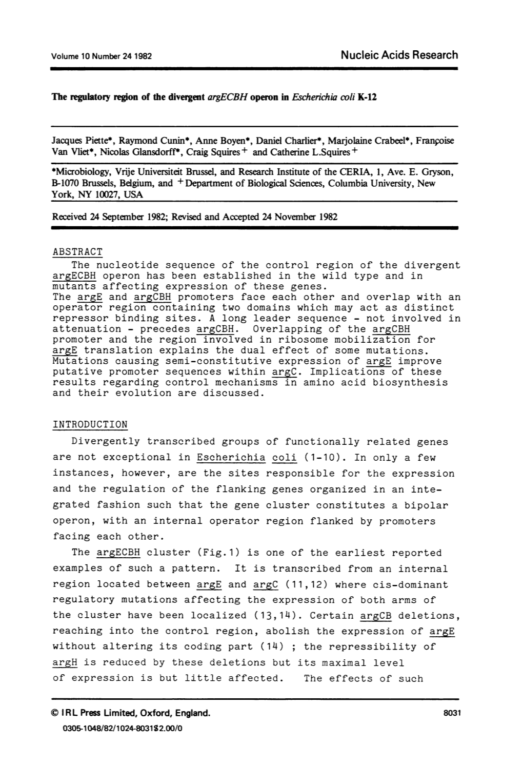 The Regulatory Region of the Divergent Argecbh Operon in Escherichia Coli K-12