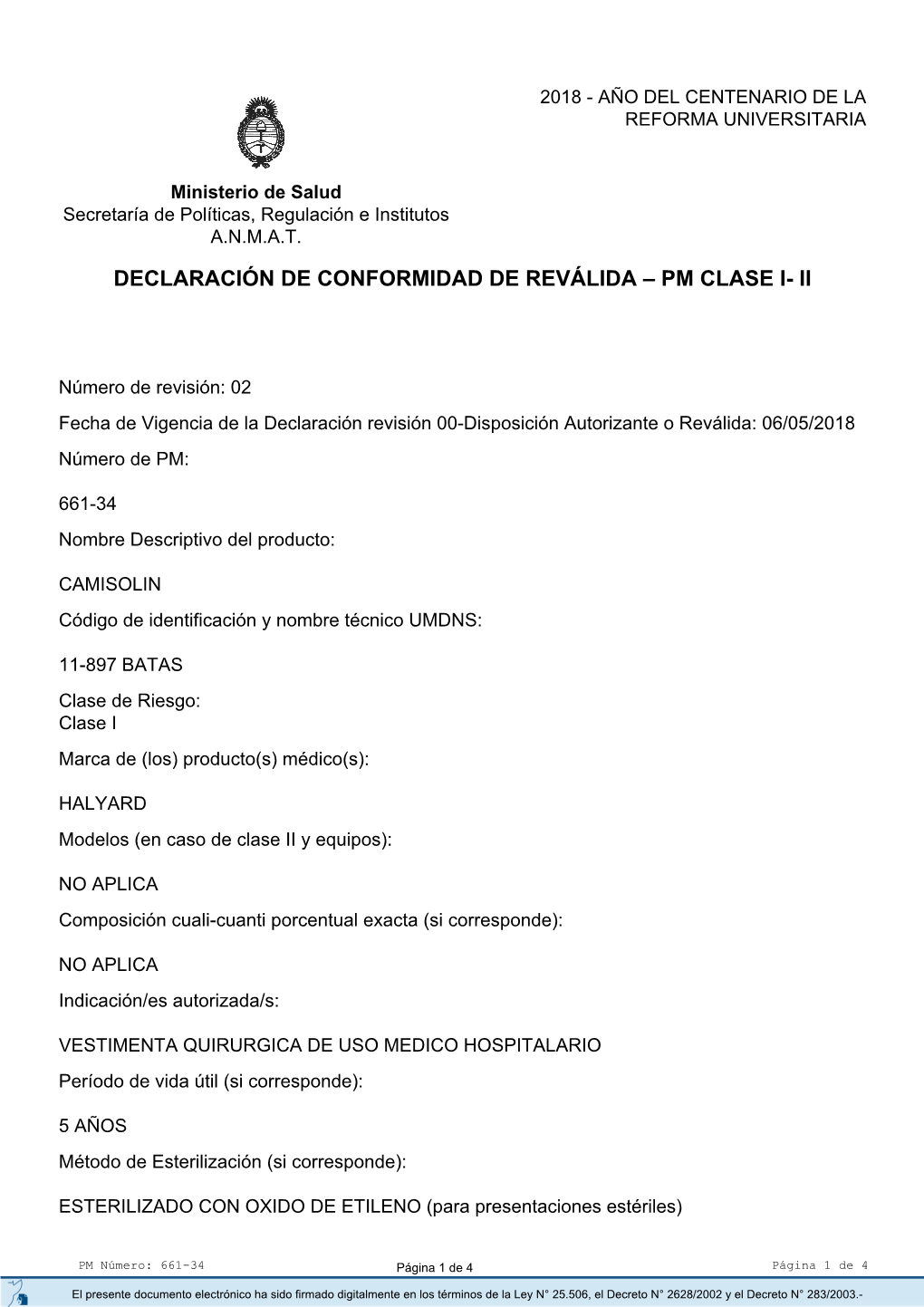 Declaración De Conformidad De Reválida – Pm Clase I- Ii