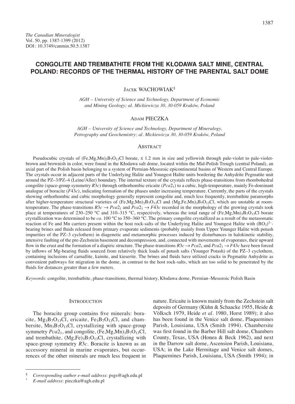 Congolite and Trembathite from the Kłodawa Salt Mine, Central Poland: Records of the Thermal History of the Parental Salt Dome