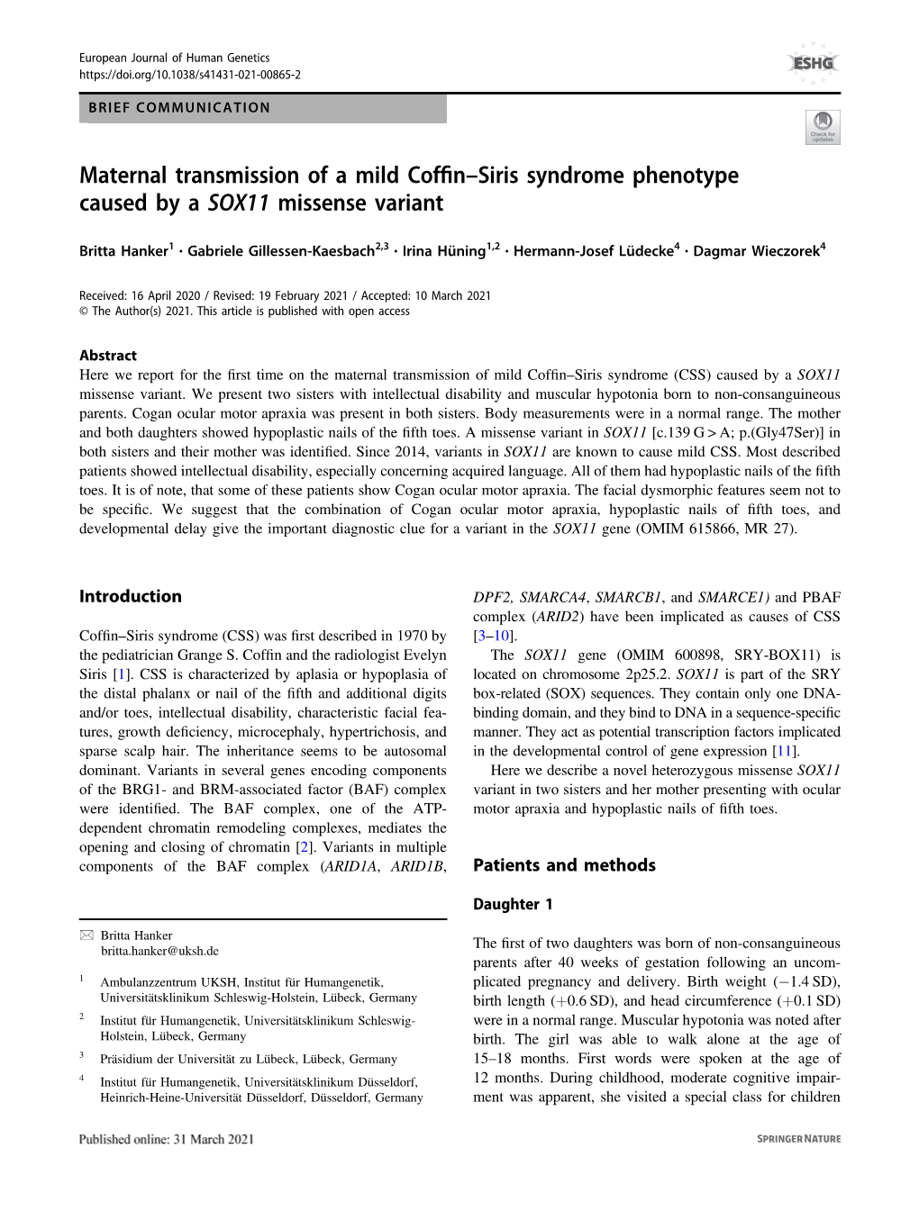 Siris Syndrome Phenotype Caused by a SOX11 Missense Variant