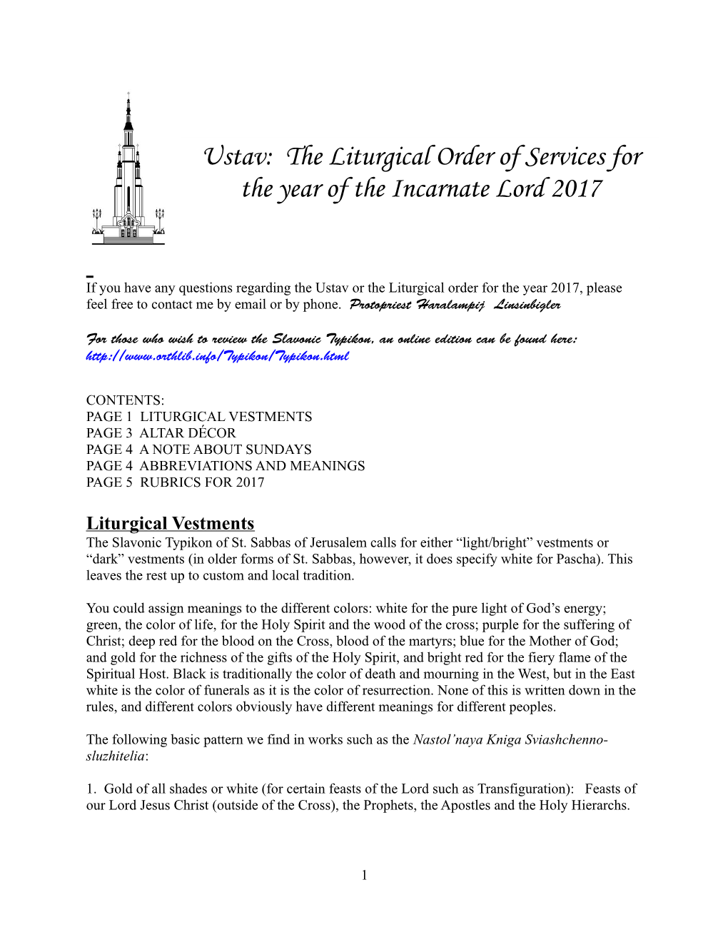 The Liturgical Order of Services for the Year of the Incarnate Lord 2017