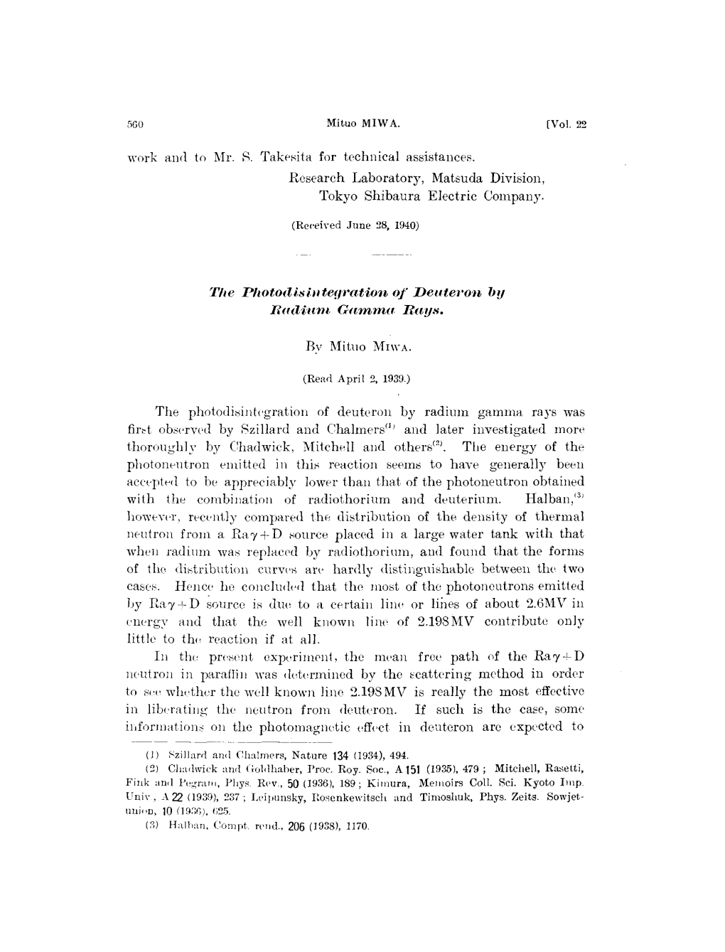 The Photodisintegration of Deuteron by Radium Gamma Rcays