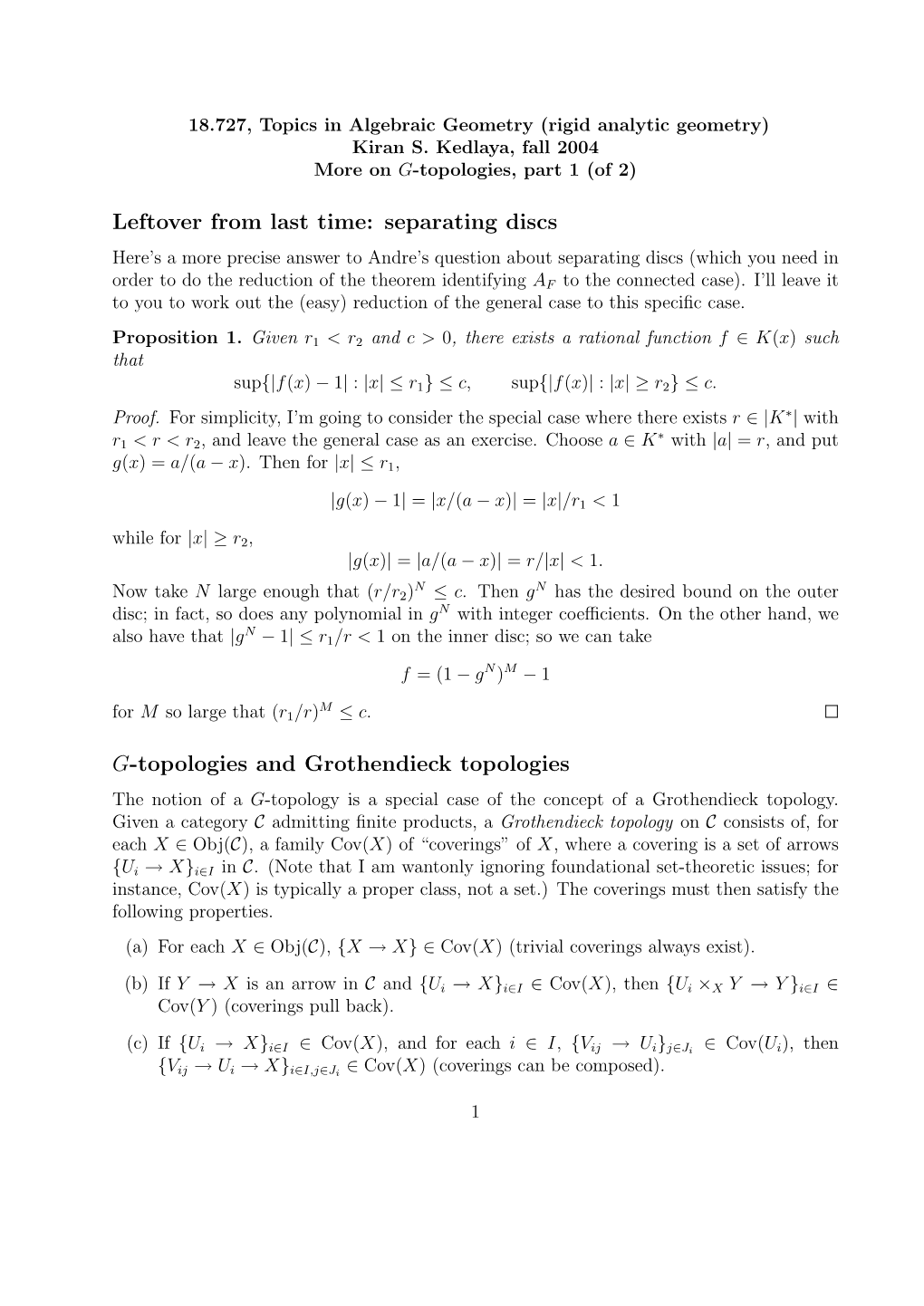 Separating Discs G-Topologies and Grothendieck Topologies