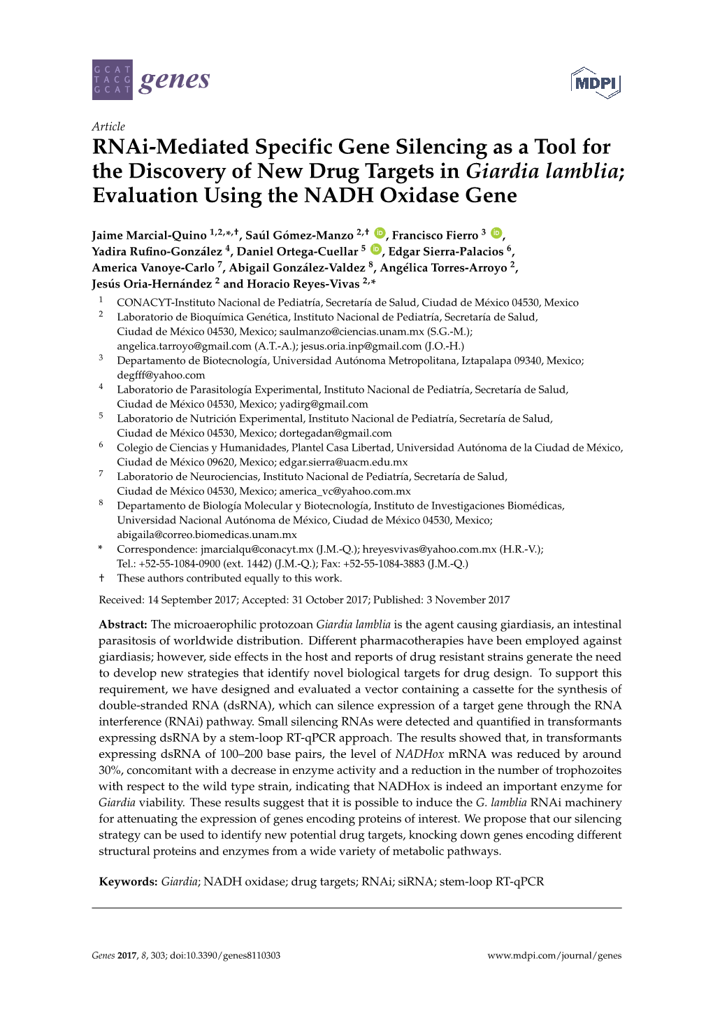 Rnai-Mediated Specific Gene Silencing As a Tool for the Discovery of New Drug Targets in Giardia Lamblia; Evaluation Using the NADH Oxidase Gene