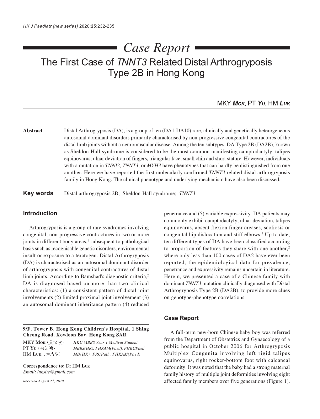 TNNT3 Related Distal Arthrogryposis Type 2B in Hong Kong