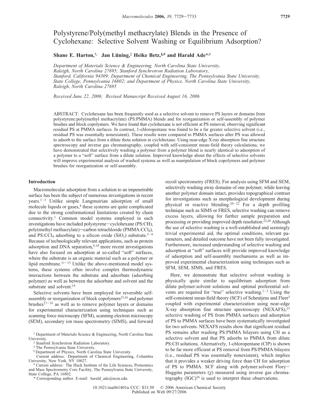 Polystyrene/Poly(Methyl Methacrylate) Blends in the Presence of Cyclohexane: Selective Solvent Washing Or Equilibrium Adsorption?