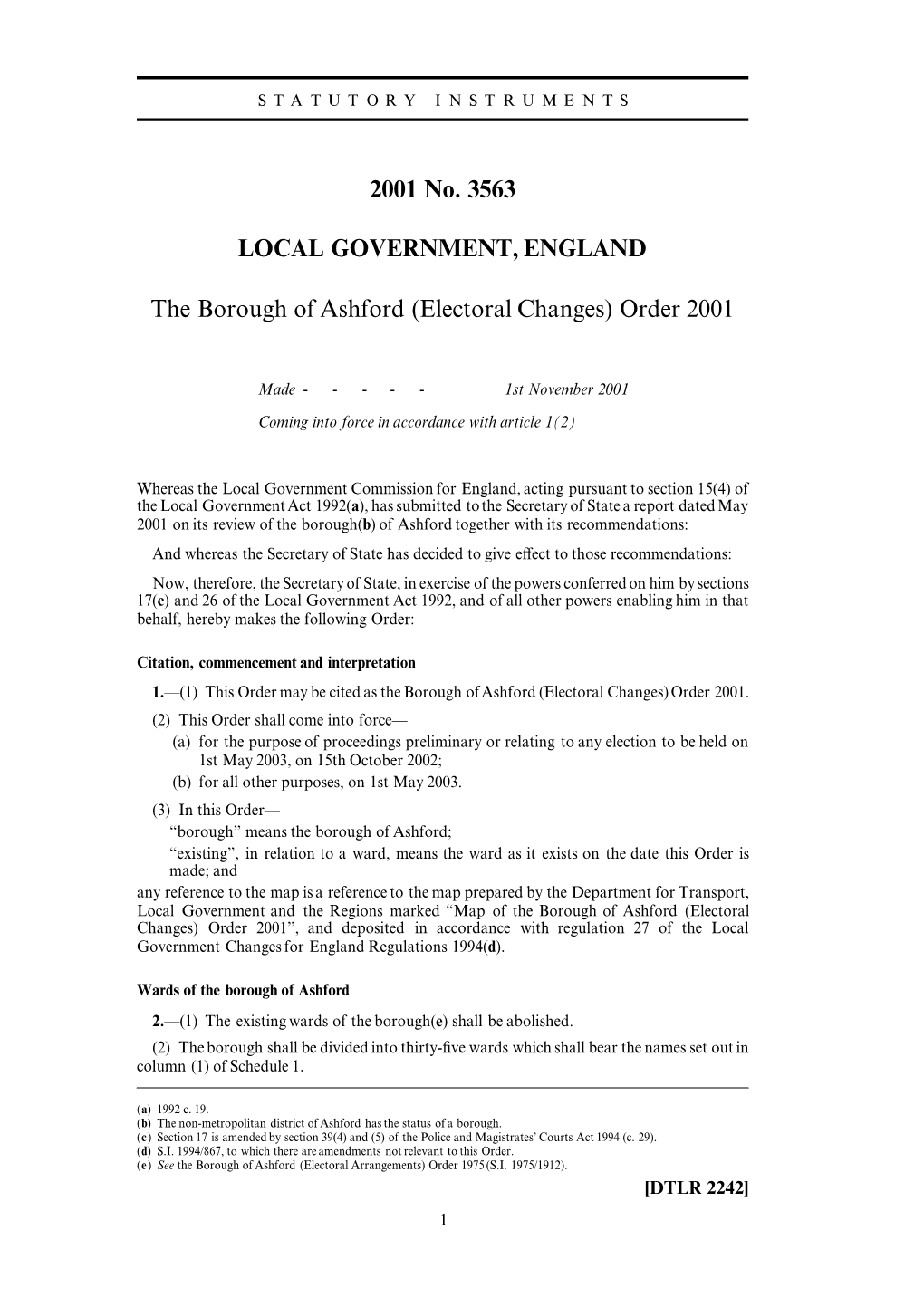 Electoral Changes) Order 2001