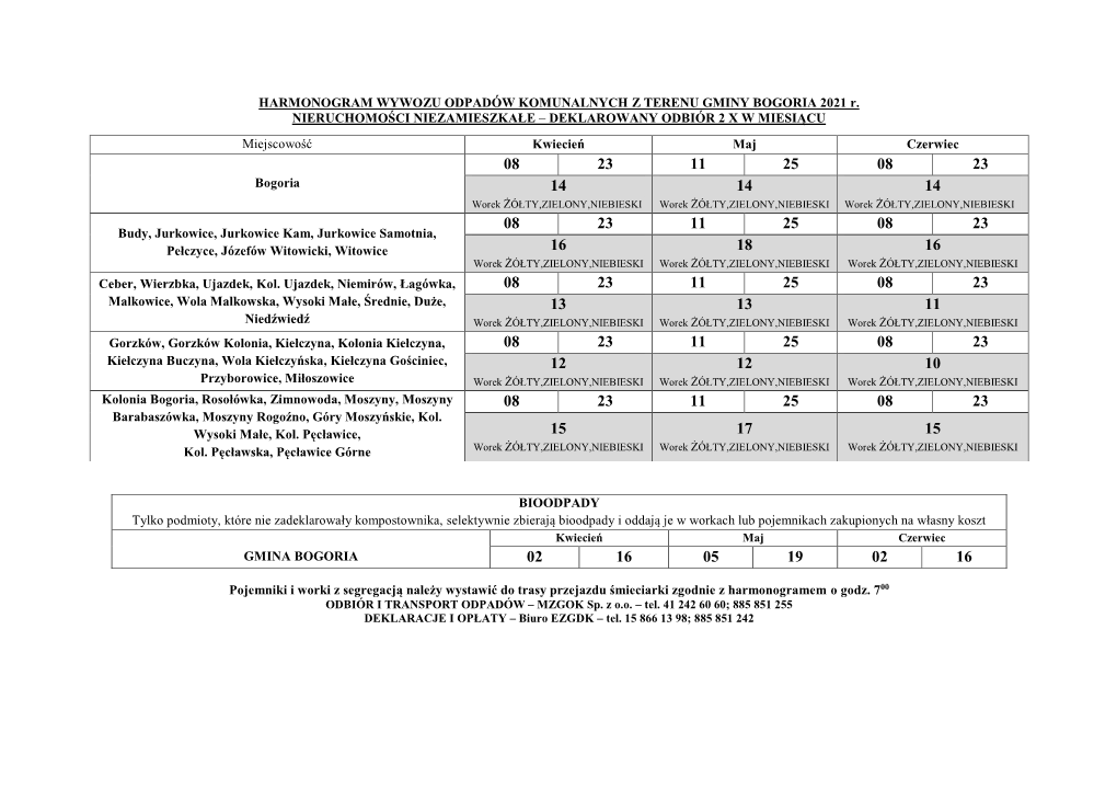 HARMONOGRAM WYWOZU ODPADÓW KOMUNALNYCH Z TERENU GMINY BOGORIA 2021 R