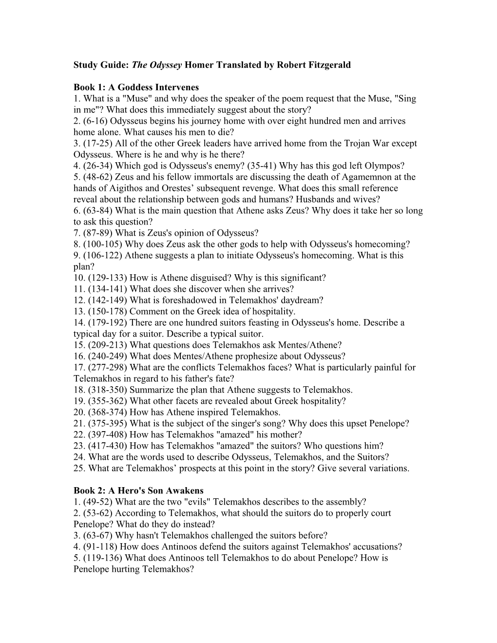 Study Guide: the Odyssey Homer Translated by Robert Fitzgerald